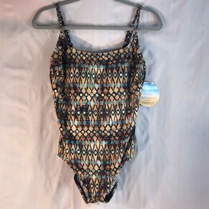 Aqua Soleil One Piece Swimsuit Brown Teal & Gold Design Built in Bra 14